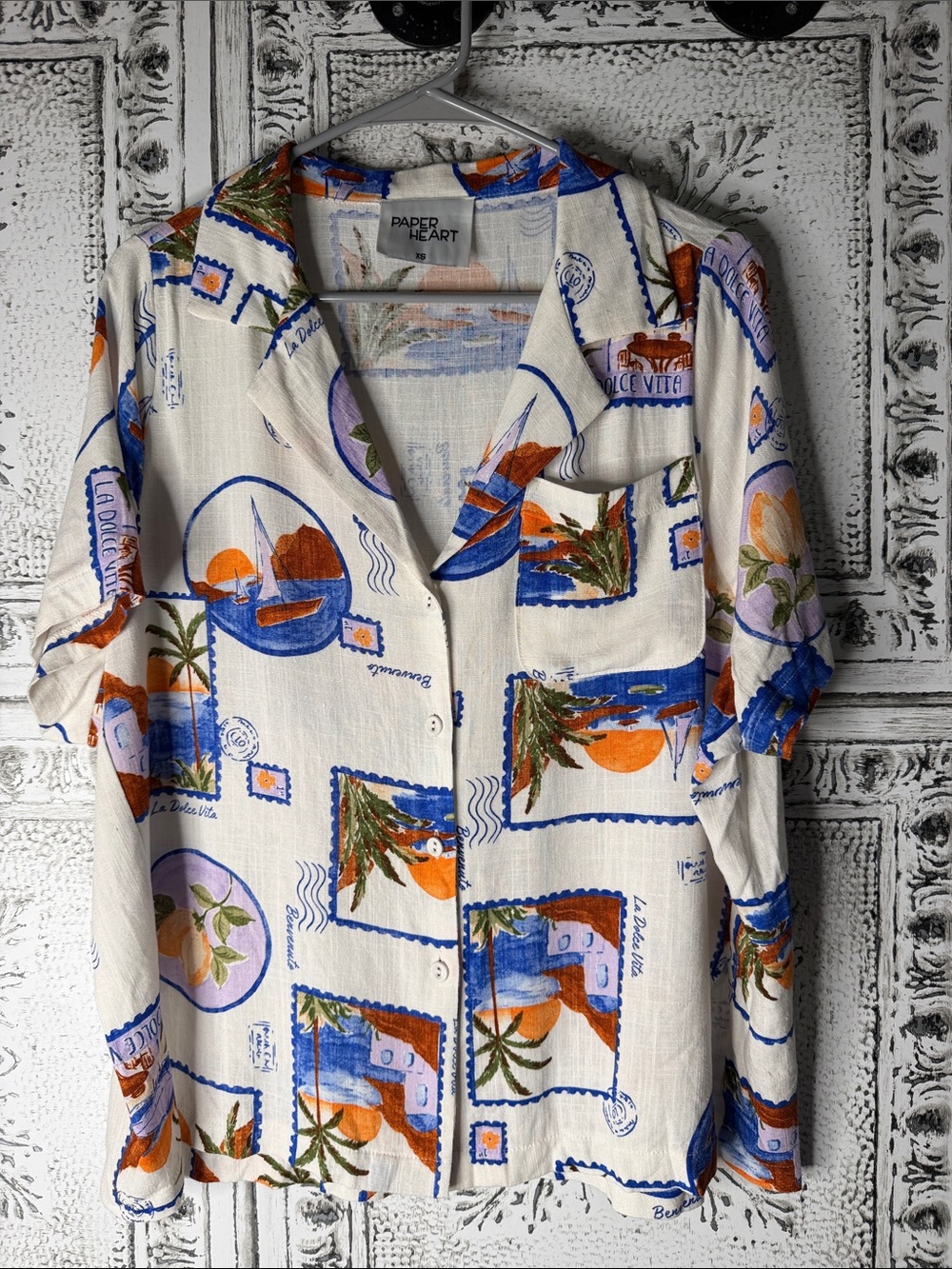 Paper Heart White Button-Down Shirt with Blue & Orange Tropical Print